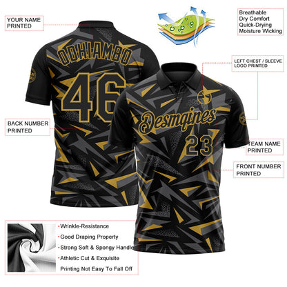 Custom Black Steel Gray-Old Gold Cyber Mecha E-sport Geometric Shards Spike Performance Polo Shirt