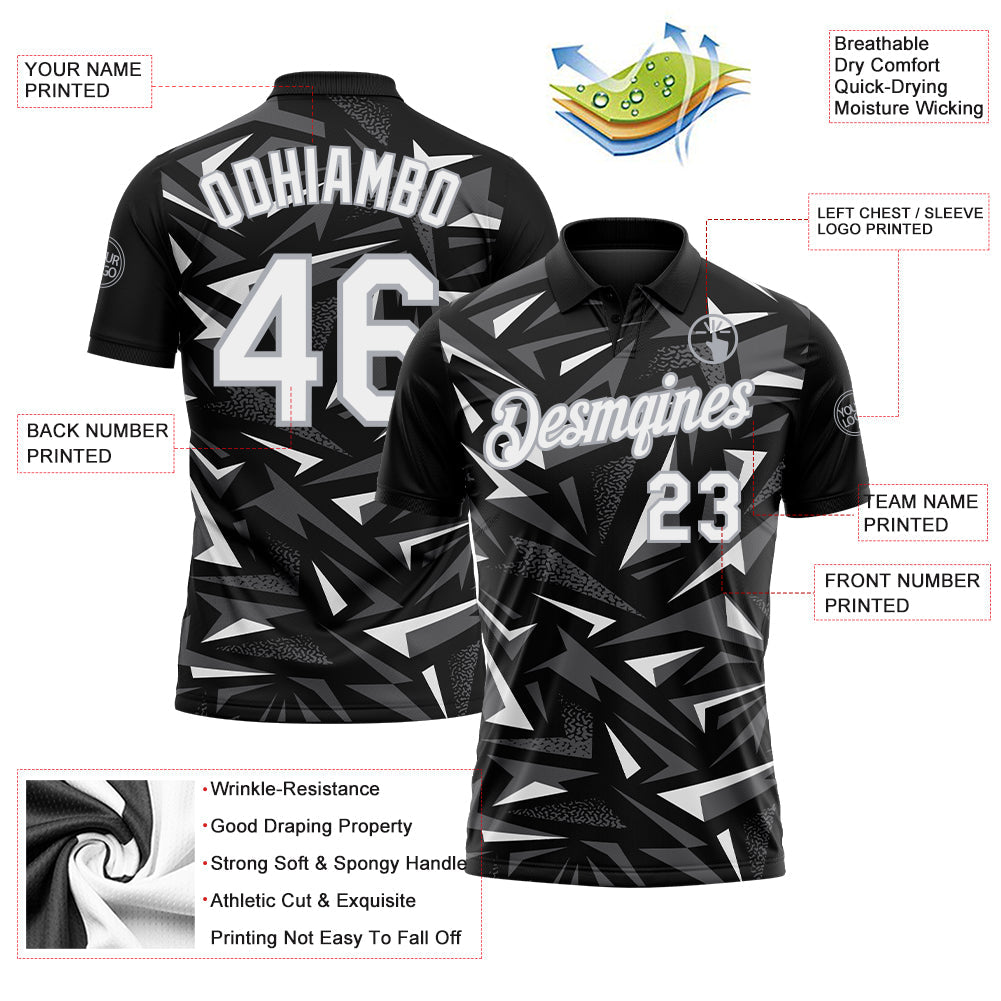 Custom Black White Steel Gray-Gray Cyber Mecha E-sport Geometric Shards Spike Performance Polo Shirt