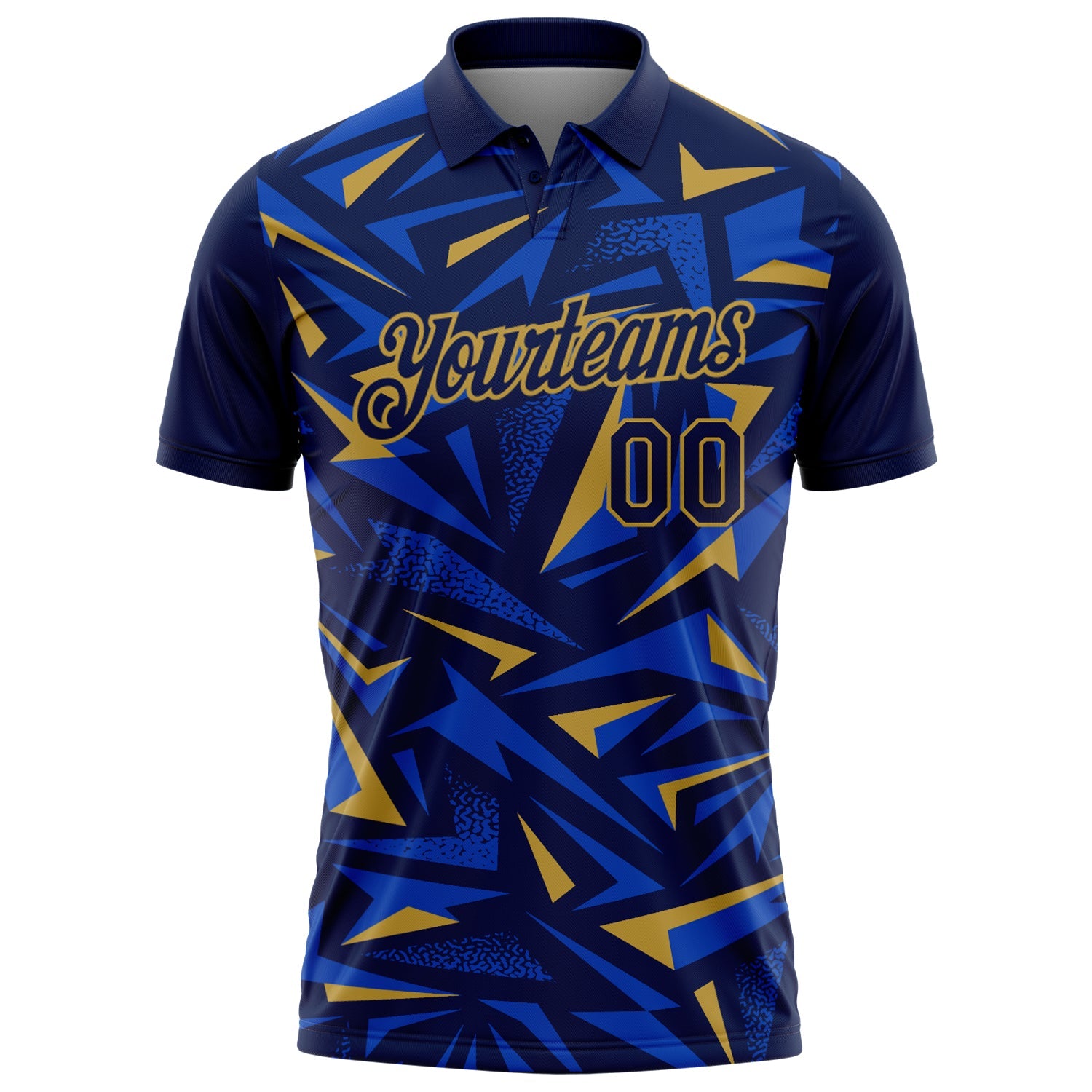 Custom Navy Thunder Blue-Old Gold Cyber Mecha E-sport Geometric Shards Spike Performance Polo Shirt