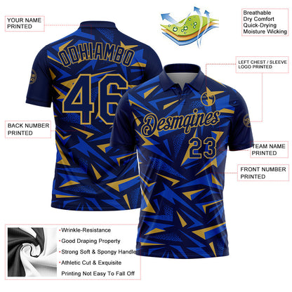 Custom Navy Thunder Blue-Old Gold Cyber Mecha E-sport Geometric Shards Spike Performance Polo Shirt