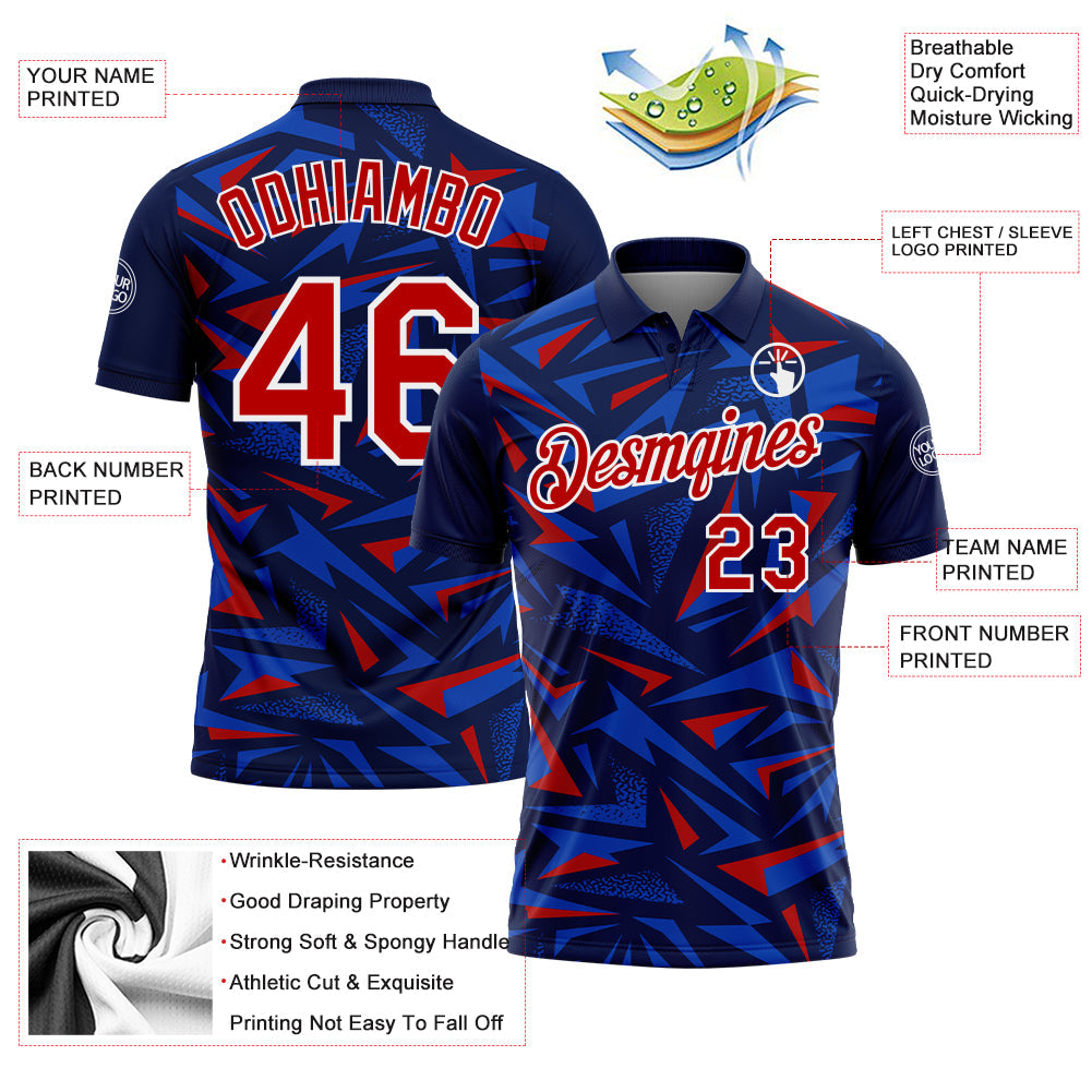 Custom Navy Red Thunder Blue-White Cyber Mecha E-sport Geometric Shards Spike Performance Polo Shirt