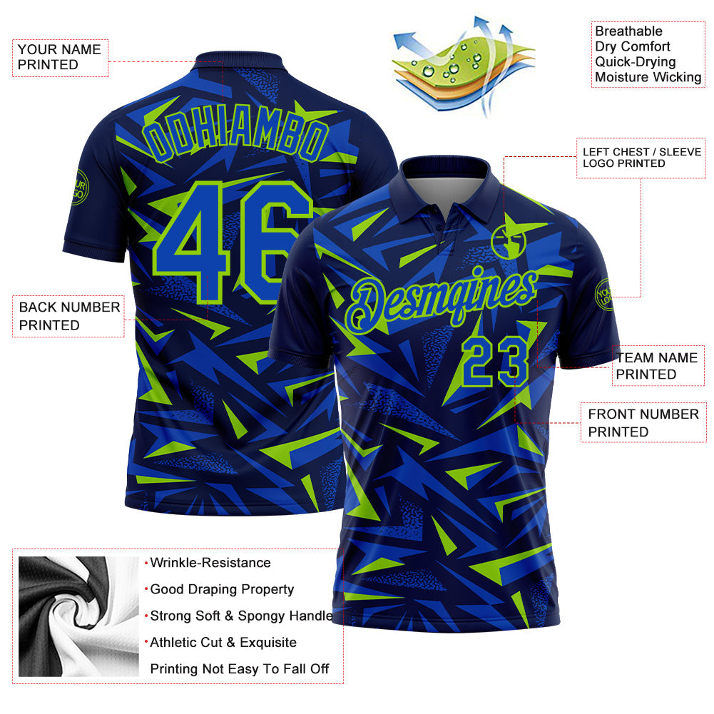 Custom Navy Thunder Blue-Neon Green Cyber Mecha E-sport Geometric Shards Spike Performance Polo Shirt
