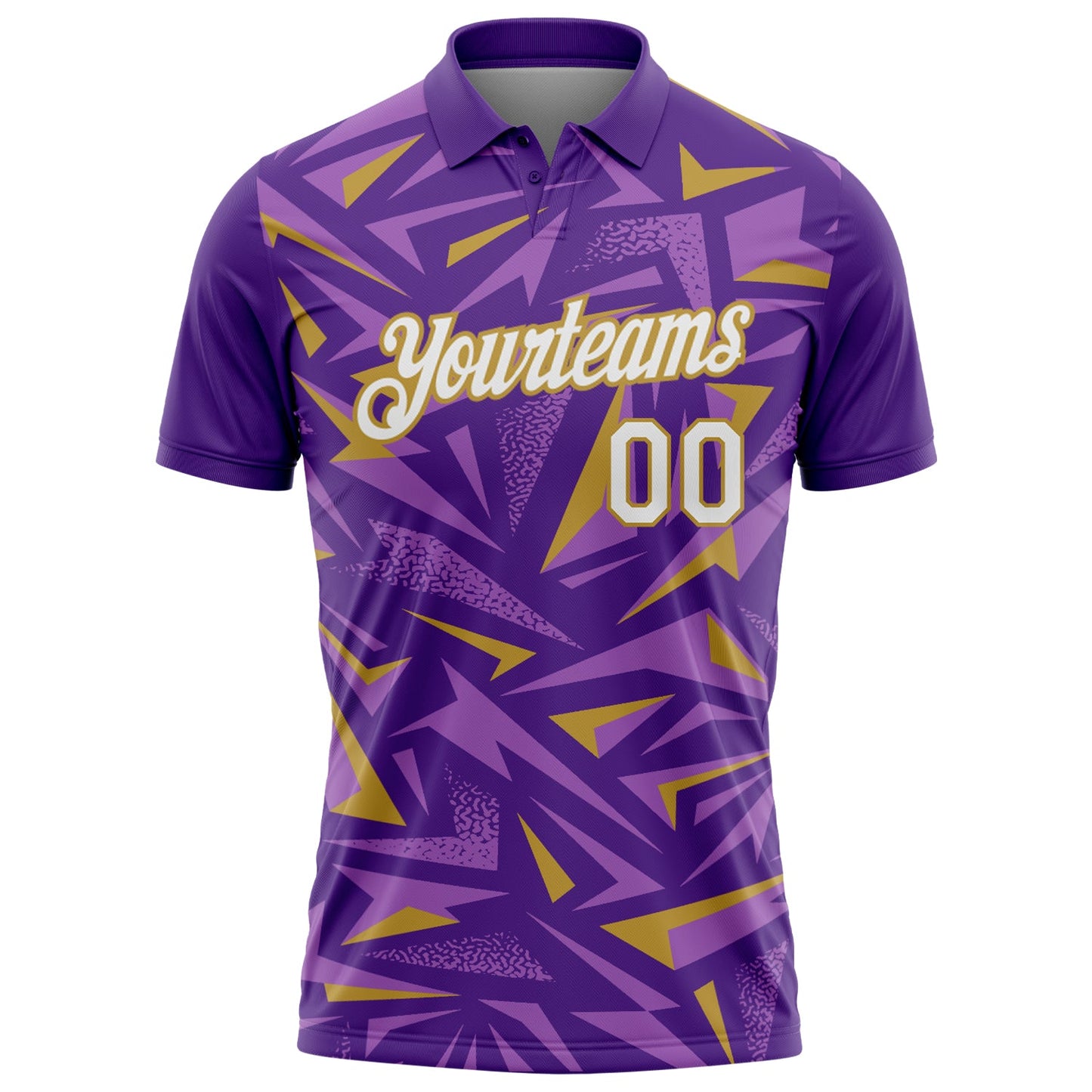 Custom Purple White Medium Purple-Old Gold Cyber Mecha E-sport Geometric Shards Spike Performance Polo Shirt