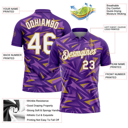 Custom Purple White Medium Purple-Old Gold Cyber Mecha E-sport Geometric Shards Spike Performance Polo Shirt