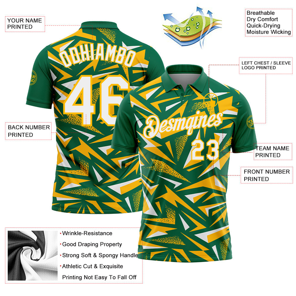 Custom Kelly Green White-Gold Cyber Mecha E-sport Geometric Shards Spike Performance Polo Shirt