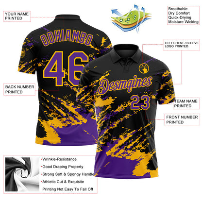 Custom Black Purple-Gold Brush Stroke Shatter Splatter Performance Polo Shirt