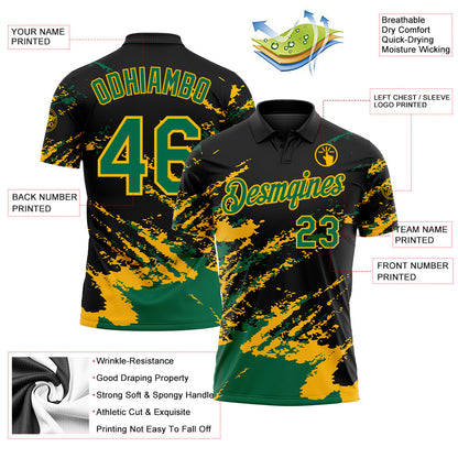 Custom Black Kelly Green-Gold Brush Stroke Shatter Splatter Performance Polo Shirt