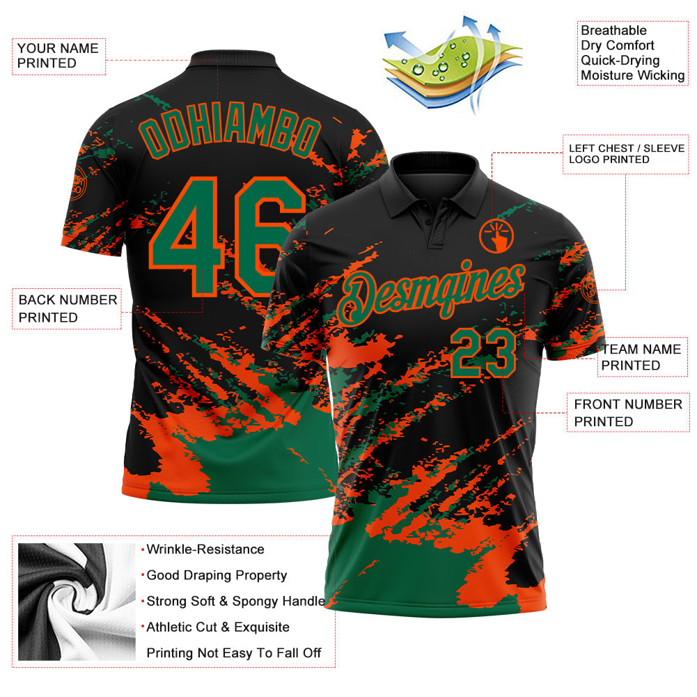 Custom Black Kelly Green-Orange Brush Stroke Shatter Splatter Performance Polo Shirt