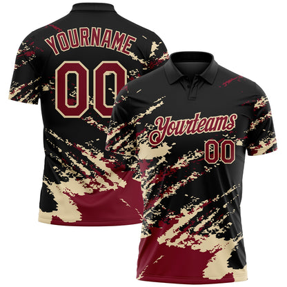 Custom Black Crimson-Cream Brush Stroke Shatter Splatter Performance Polo Shirt