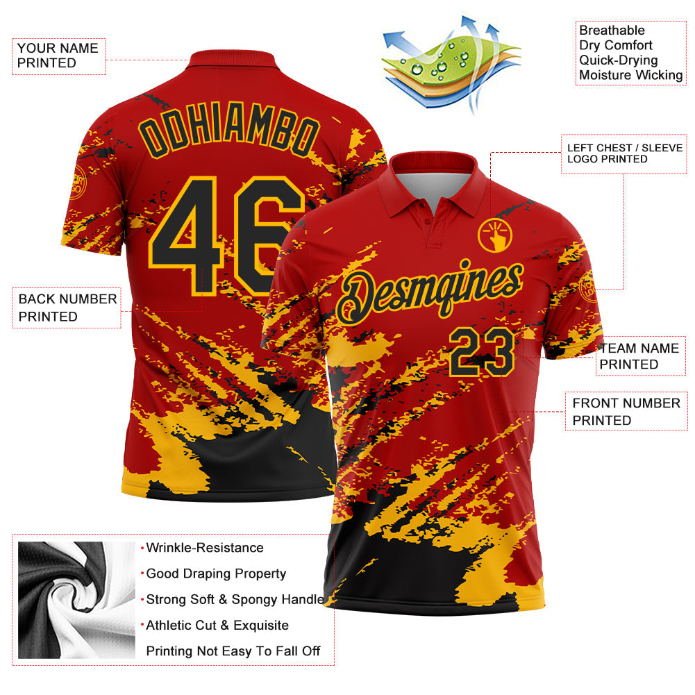 Custom Red Black-Gold Brush Stroke Shatter Splatter Performance Polo Shirt