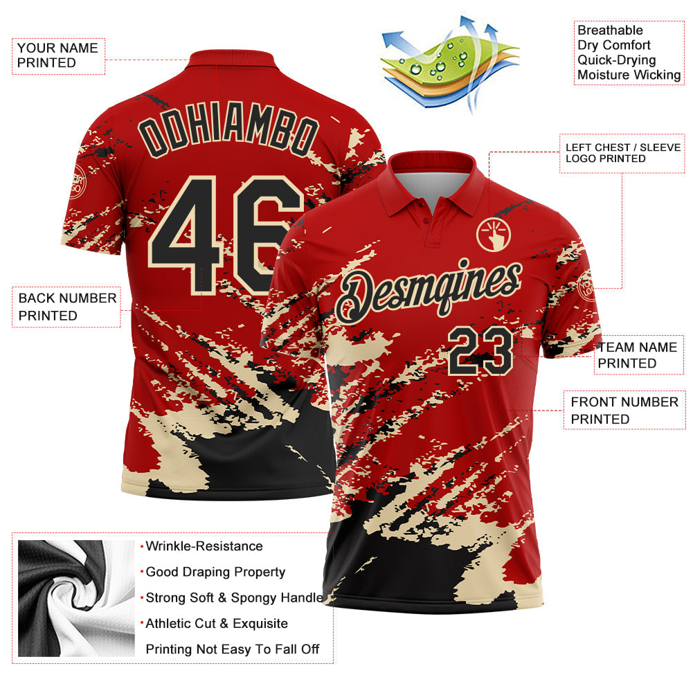 Custom Red Black-Cream Brush Stroke Shatter Splatter Performance Polo Shirt