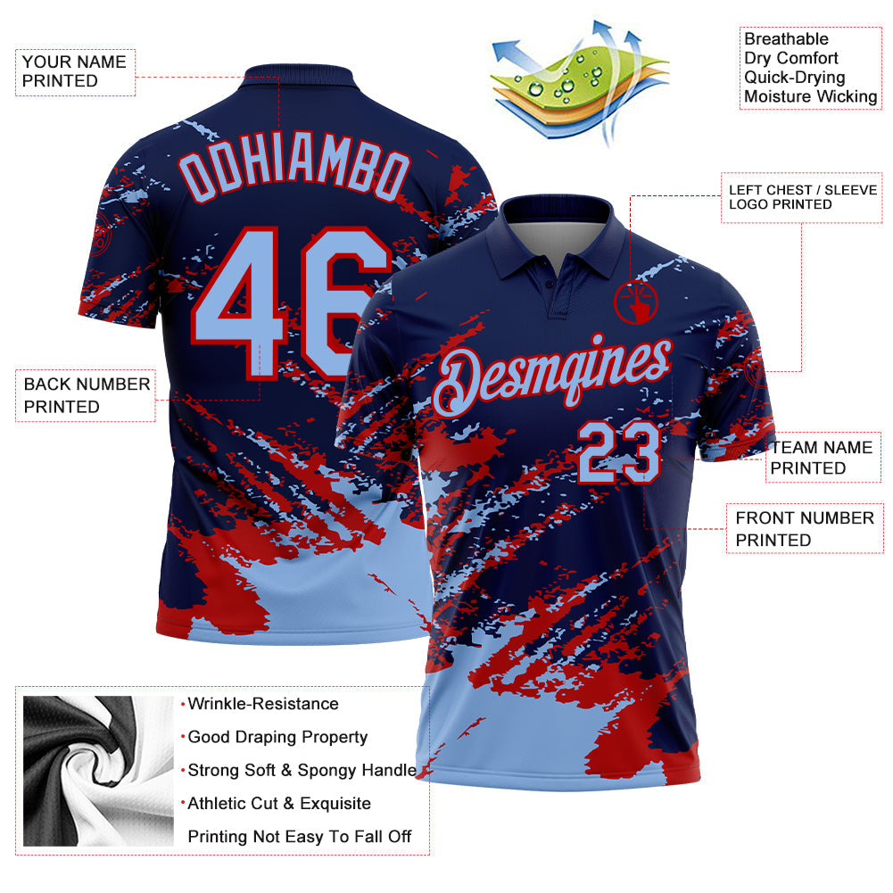 Custom Navy Light Blue-Red Brush Stroke Shatter Splatter Performance Polo Shirt