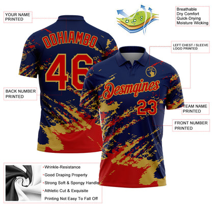 Custom Navy Red-Old Gold Brush Stroke Shatter Splatter Performance Polo Shirt