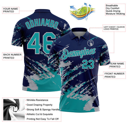 Custom Navy Teal-Gray Brush Stroke Shatter Splatter Performance Polo Shirt