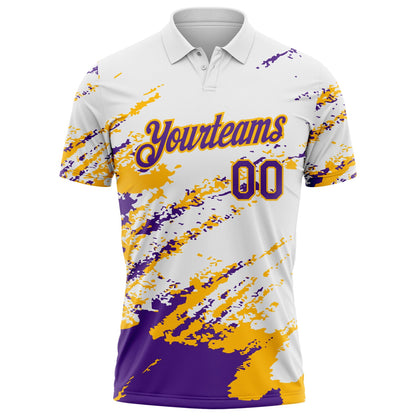 Custom White Purple-Gold Brush Stroke Shatter Splatter Performance Polo Shirt