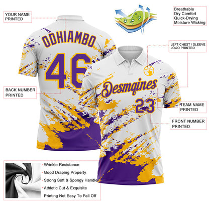 Custom White Purple-Gold Brush Stroke Shatter Splatter Performance Polo Shirt