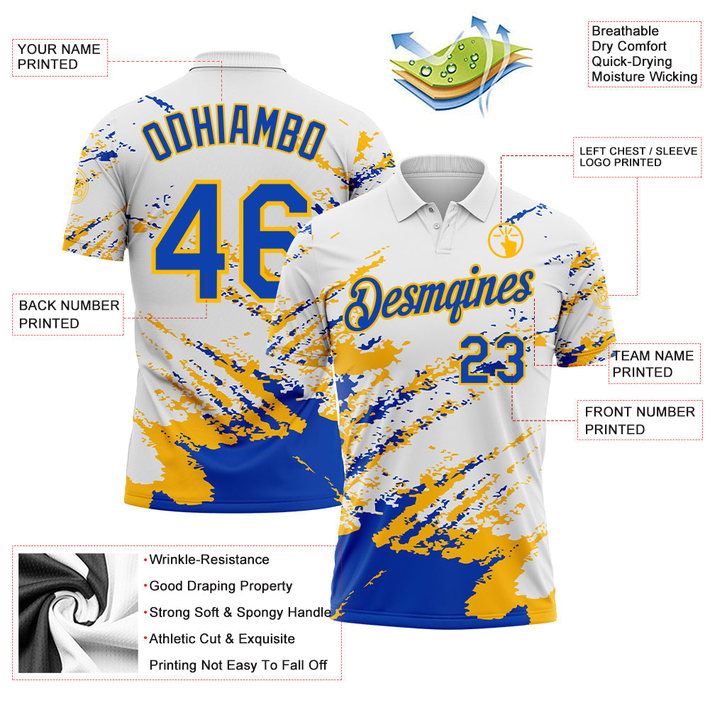 Custom White Thunder Blue-Gold Brush Stroke Shatter Splatter Performance Polo Shirt