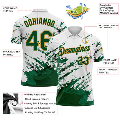 Custom White Green Kelly Green-Old Gold Brush Stroke Shatter Splatter Performance Polo Shirt
