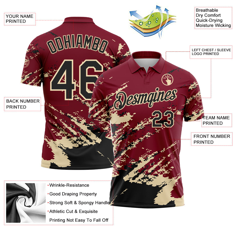 Custom Crimson Black-Cream Brush Stroke Shatter Splatter Performance Polo Shirt