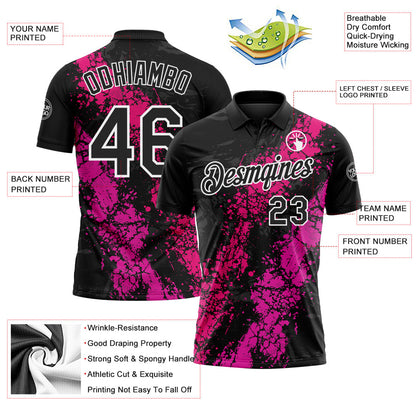 Custom Black Hot Pink Deep Pink-White Dripping Splatter Cracked Texture Performance Polo Shirt