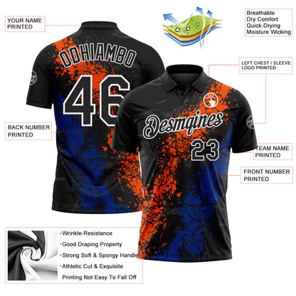 Custom Black Orange Royal-White Dripping Splatter Cracked Texture Performance Polo Shirt