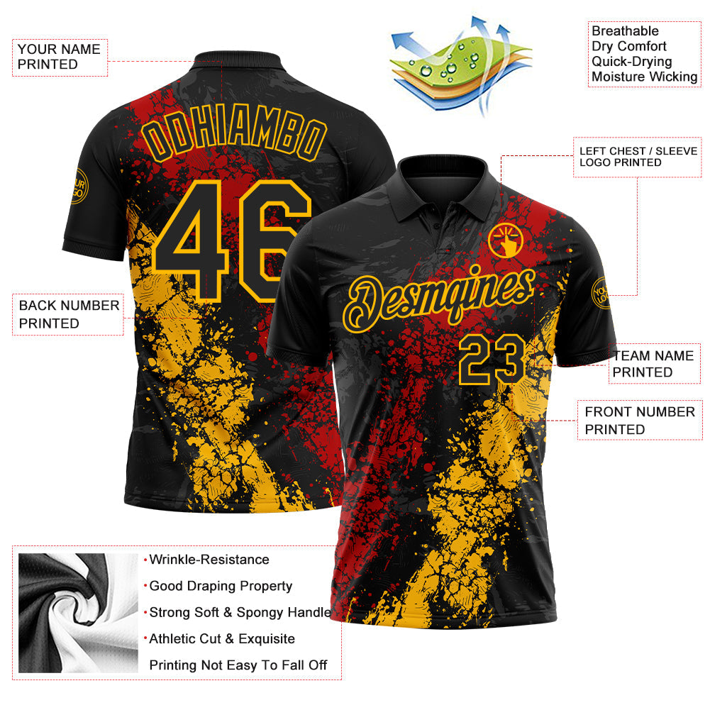 Custom Black Red-Gold Dripping Splatter Cracked Texture Performance Polo Shirt