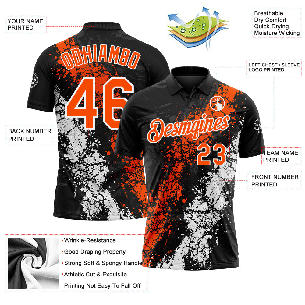 Custom Black Orange-White Dripping Splatter Cracked Texture Performance Polo Shirt
