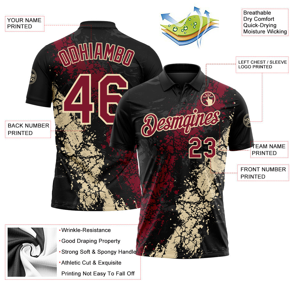 Custom Black Crimson-Cream Dripping Splatter Cracked Texture Performance Polo Shirt