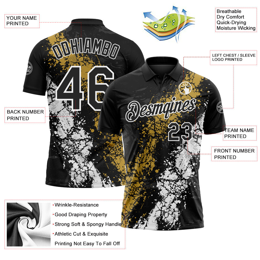 Custom Black Old Gold-White Dripping Splatter Cracked Texture Performance Polo Shirt