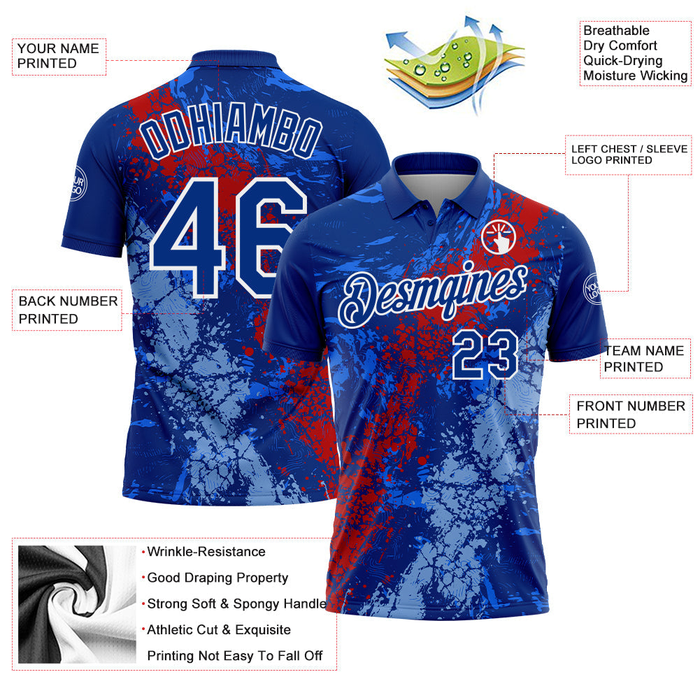 Custom Royal Red Light Blue-White Dripping Splatter Cracked Texture Performance Polo Shirt