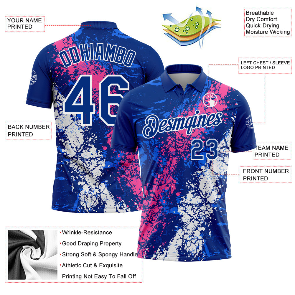 Custom Royal Pink-White Dripping Splatter Cracked Texture Performance Polo Shirt
