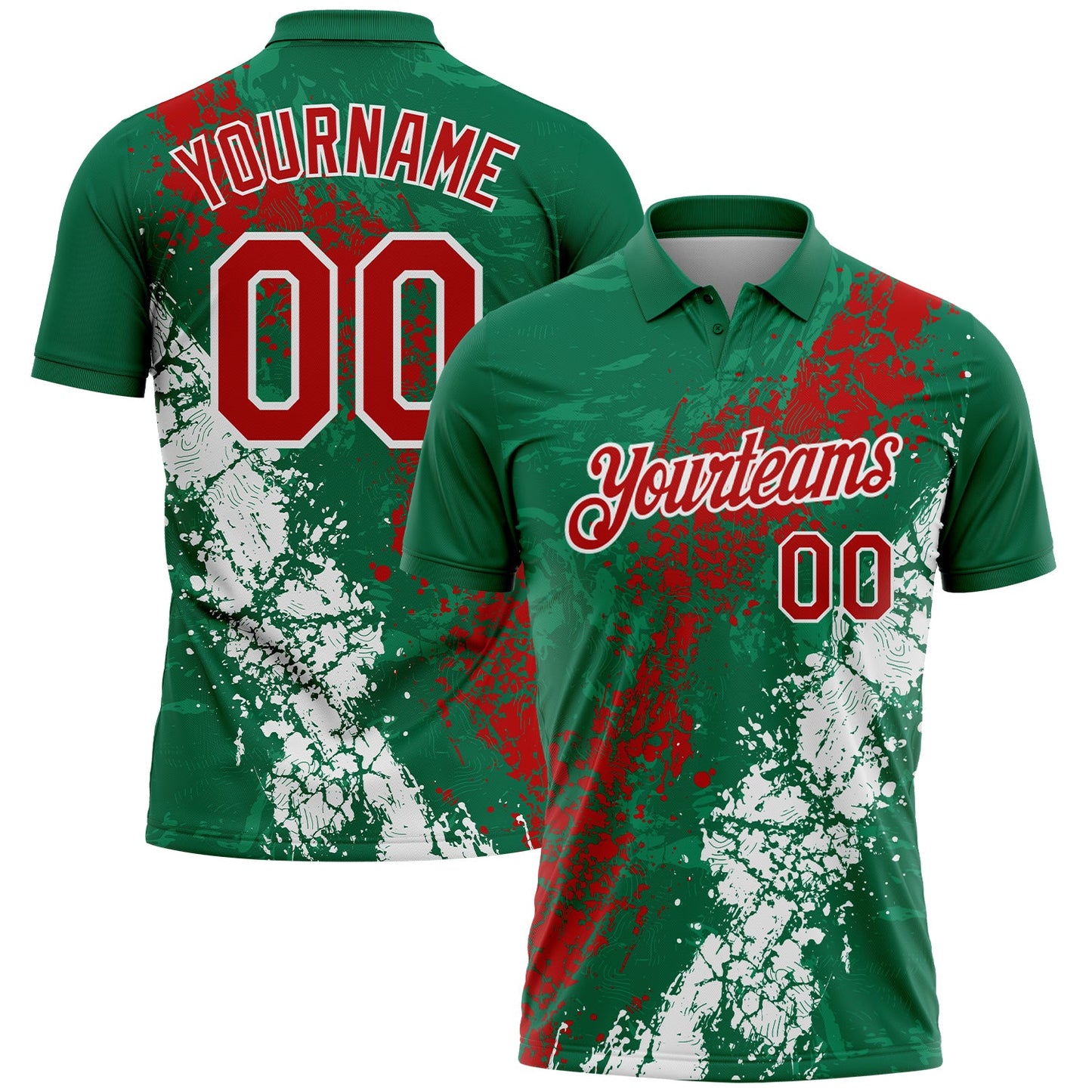 Custom Kelly Green Red-White Dripping Splatter Cracked Texture Performance Polo Shirt