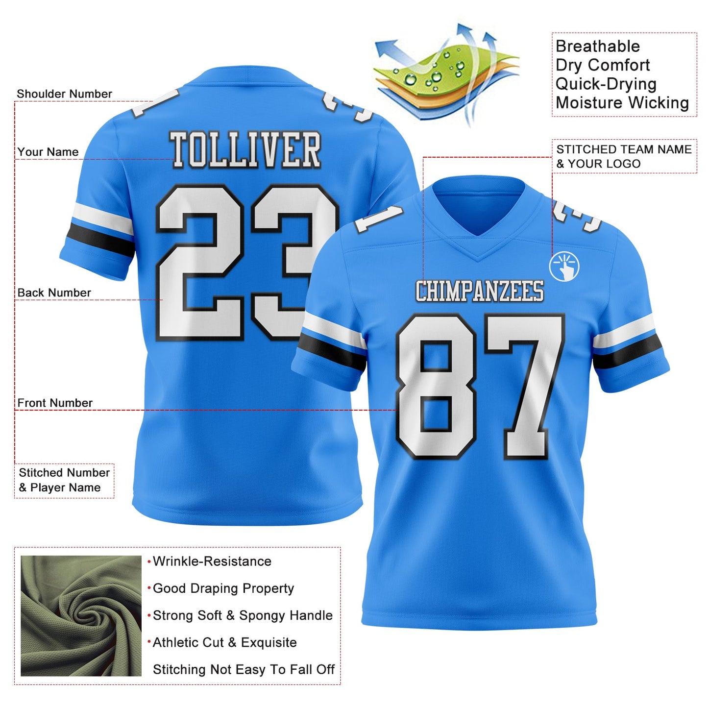 Custom Powder Blue White-Black Authentic Football Jersey