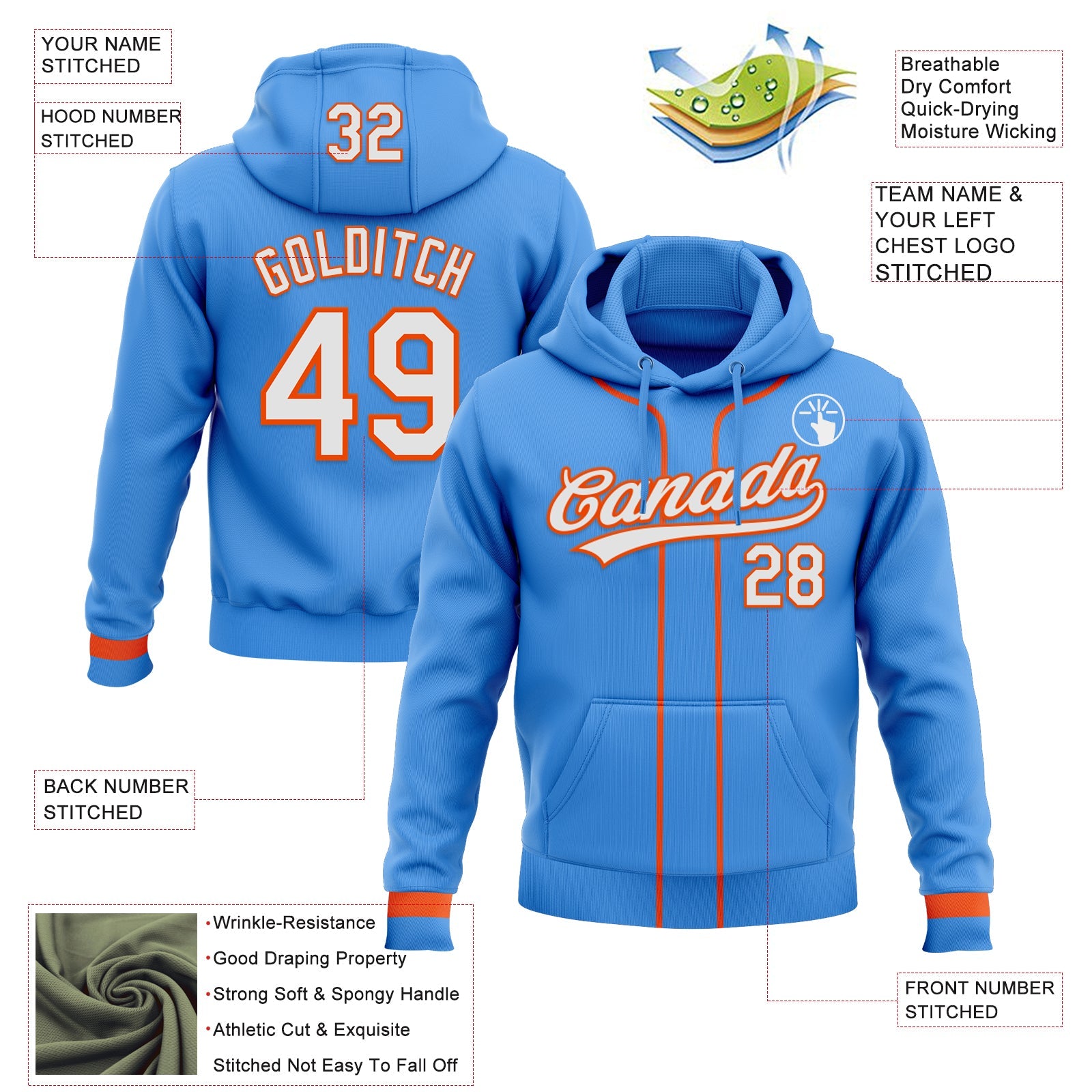 Custom Stitched Powder Blue White-Orange Baseball Pullover Sweatshirt Hoodie