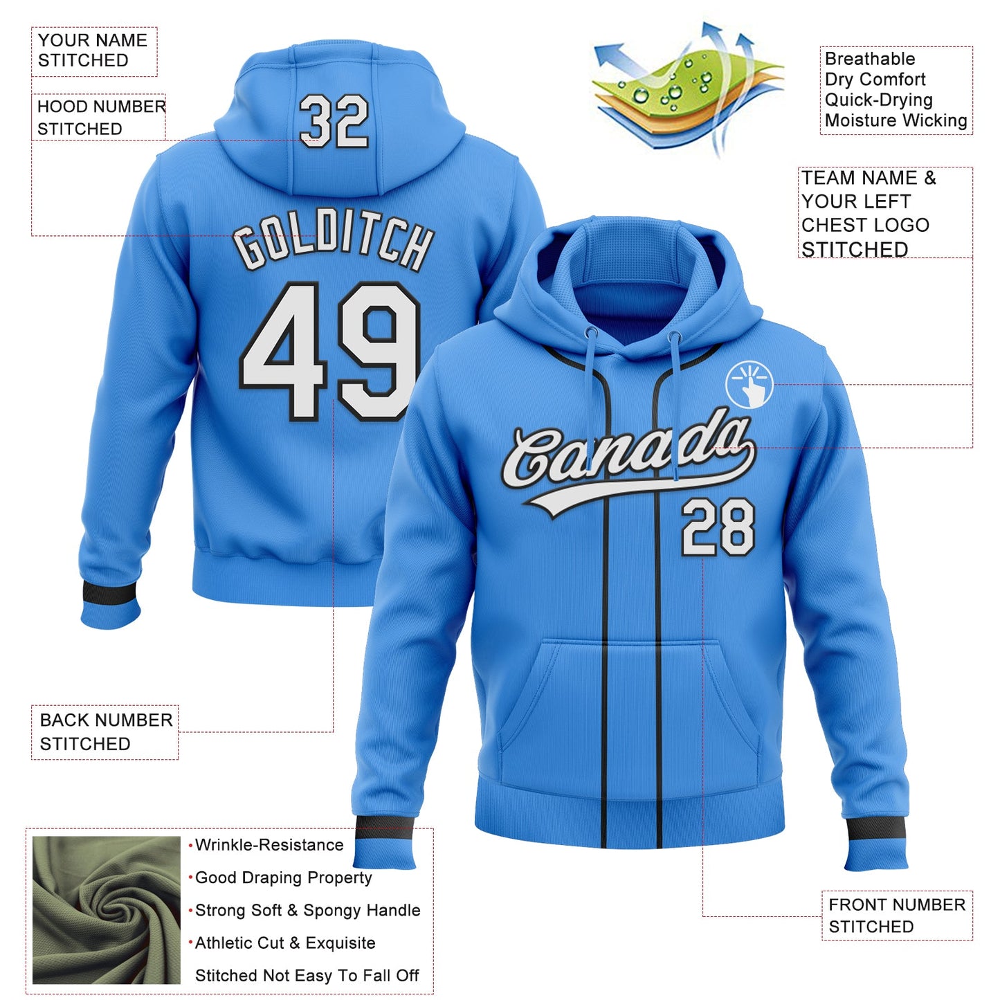 Custom Stitched Powder Blue White-Black Baseball Pullover Sweatshirt Hoodie