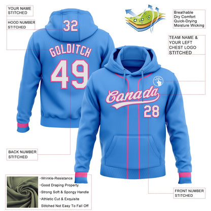 Custom Stitched Powder Blue White-Pink Baseball Pullover Sweatshirt Hoodie