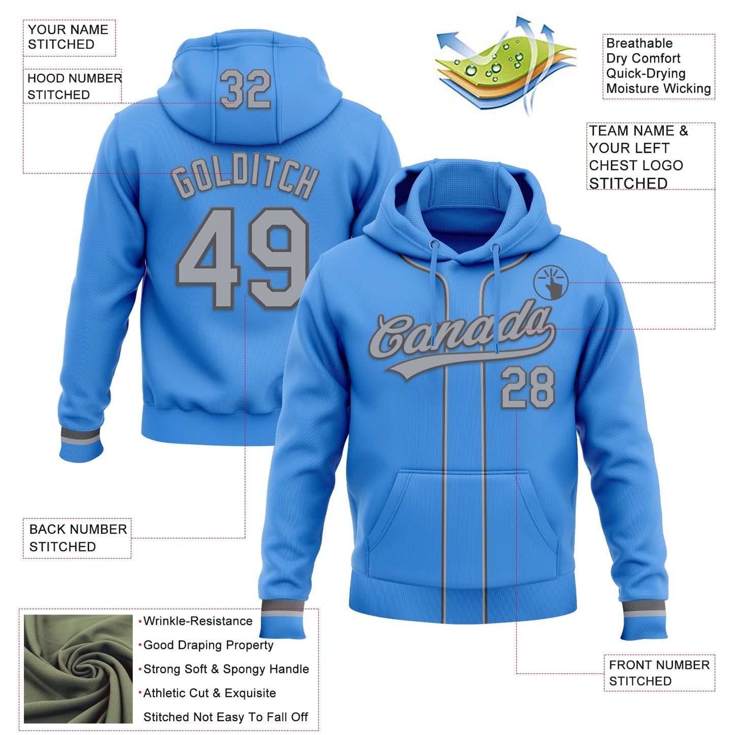 Custom Stitched Powder Blue Gray-Steel Gray Baseball Pullover Sweatshirt Hoodie