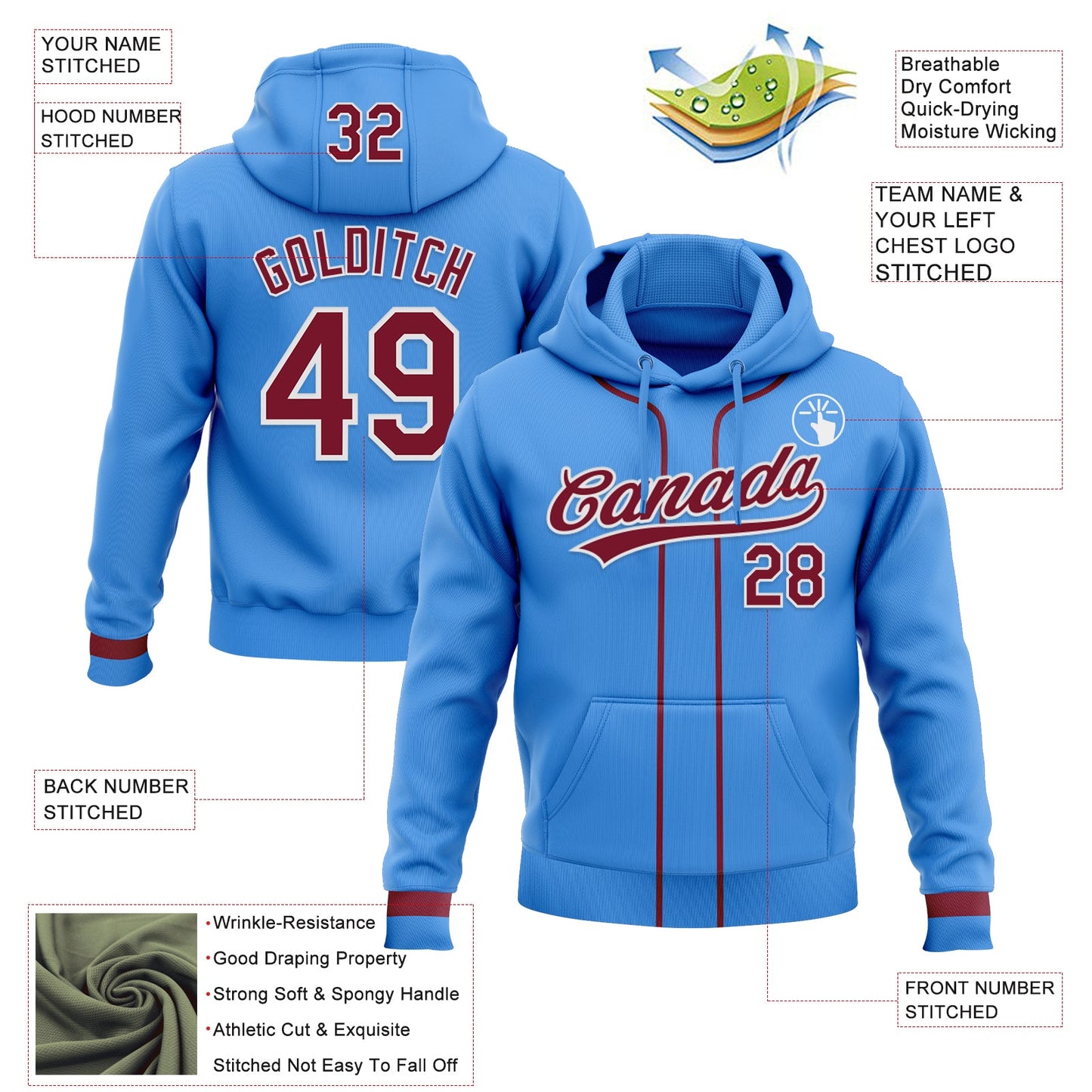 Custom Stitched Powder Blue Crimson-White Baseball Pullover Sweatshirt Hoodie
