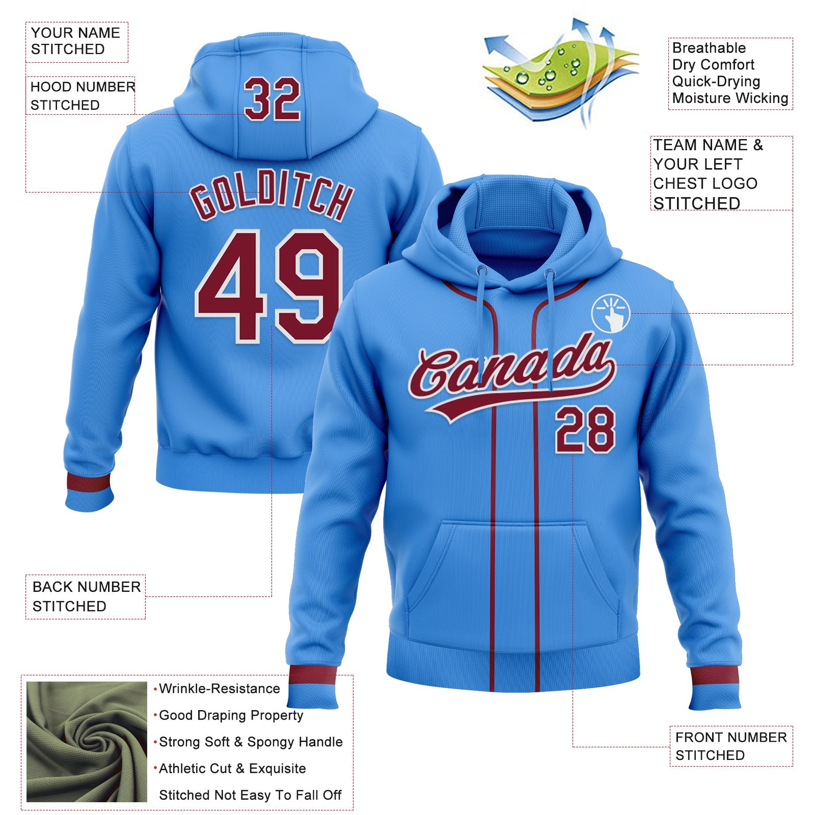 Custom Stitched Powder Blue Crimson-White Baseball Pullover Sweatshirt Hoodie