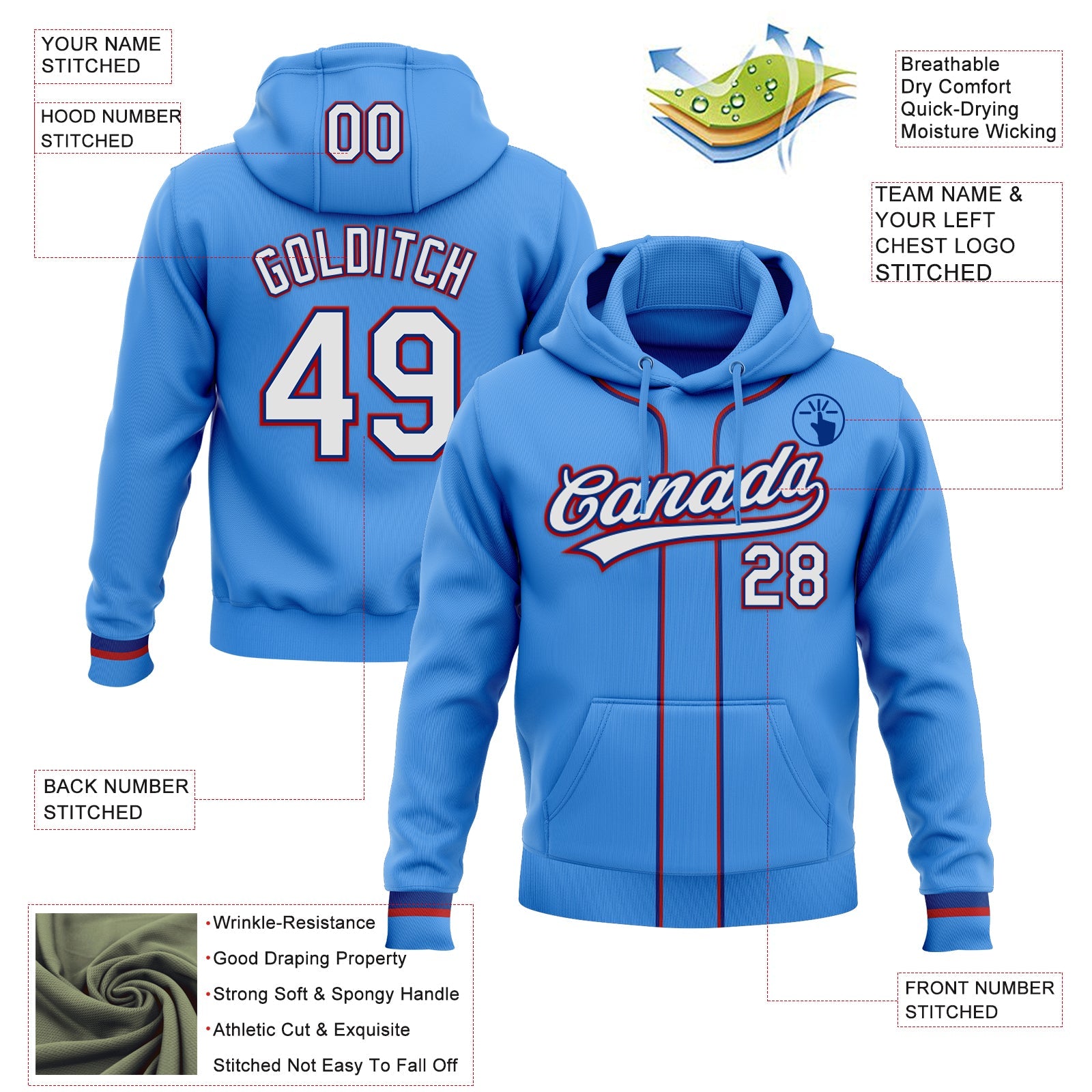 Custom Stitched Powder Blue White Royal-Red Baseball Pullover Sweatshirt Hoodie