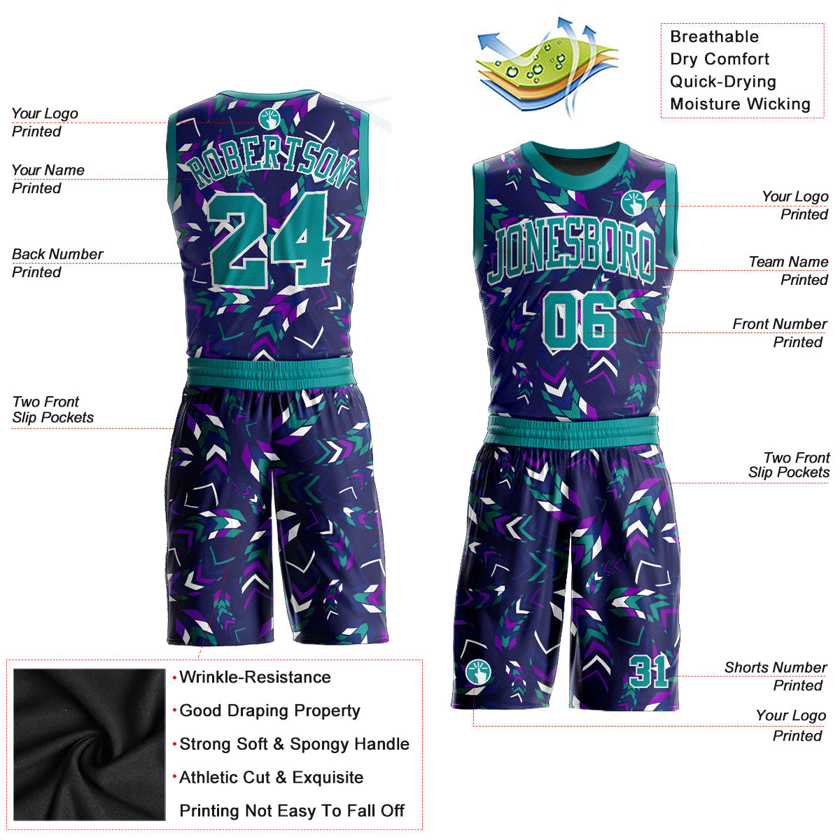 Custom Purple Aqua-White Music Festival Round Neck Sublimation Basketball Uniform Jersey