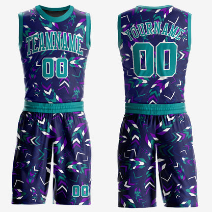 Custom Purple Aqua-White Music Festival Round Neck Sublimation Basketball Uniform Jersey