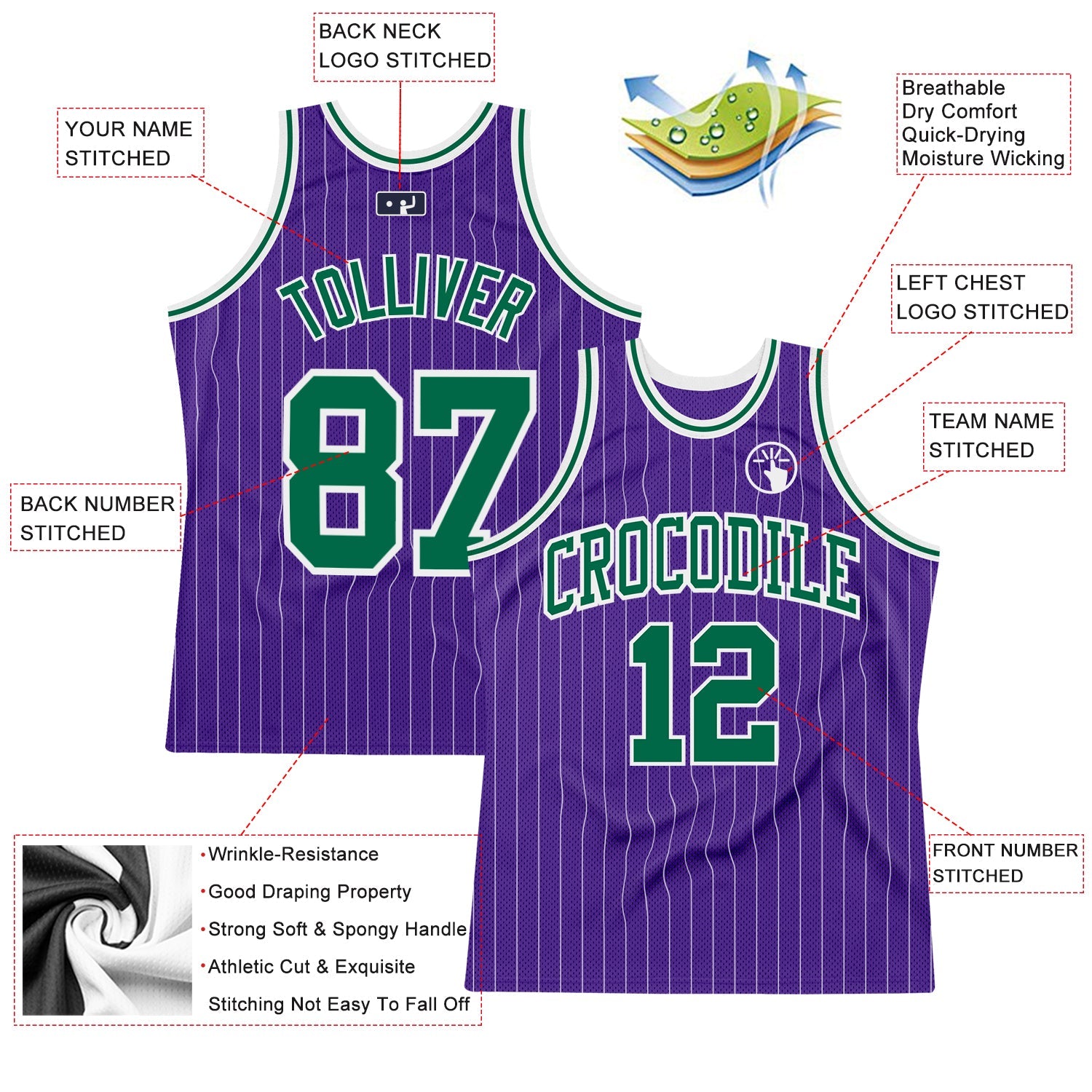 Custom Purple White Pinstripe Kelly Green Authentic Basketball Jersey