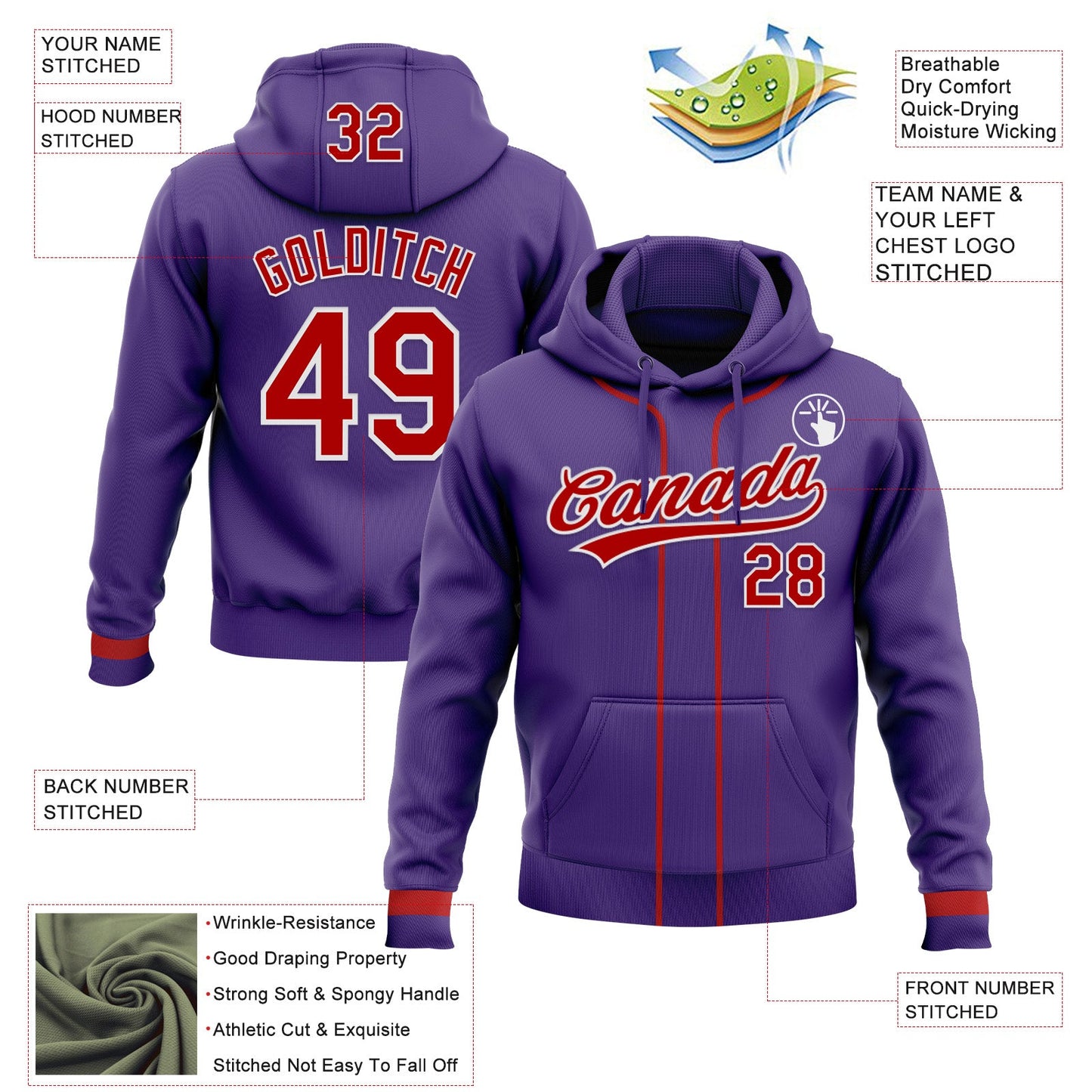 Custom Stitched Purple Red-White Baseball Pullover Sweatshirt Hoodie