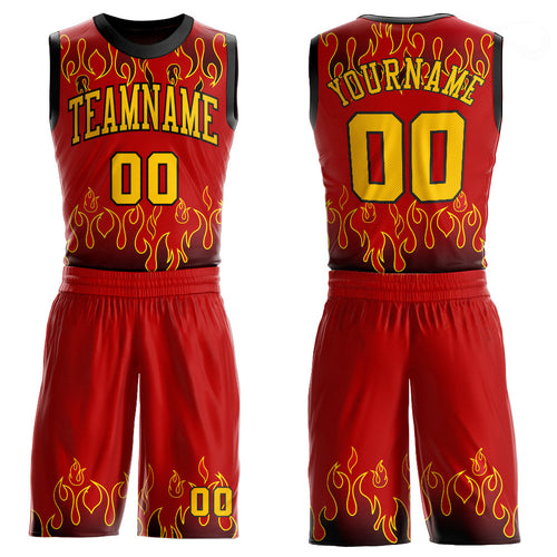 Custom Red Gold-Black Flame Round Neck Sublimation Basketball Uniform Jersey