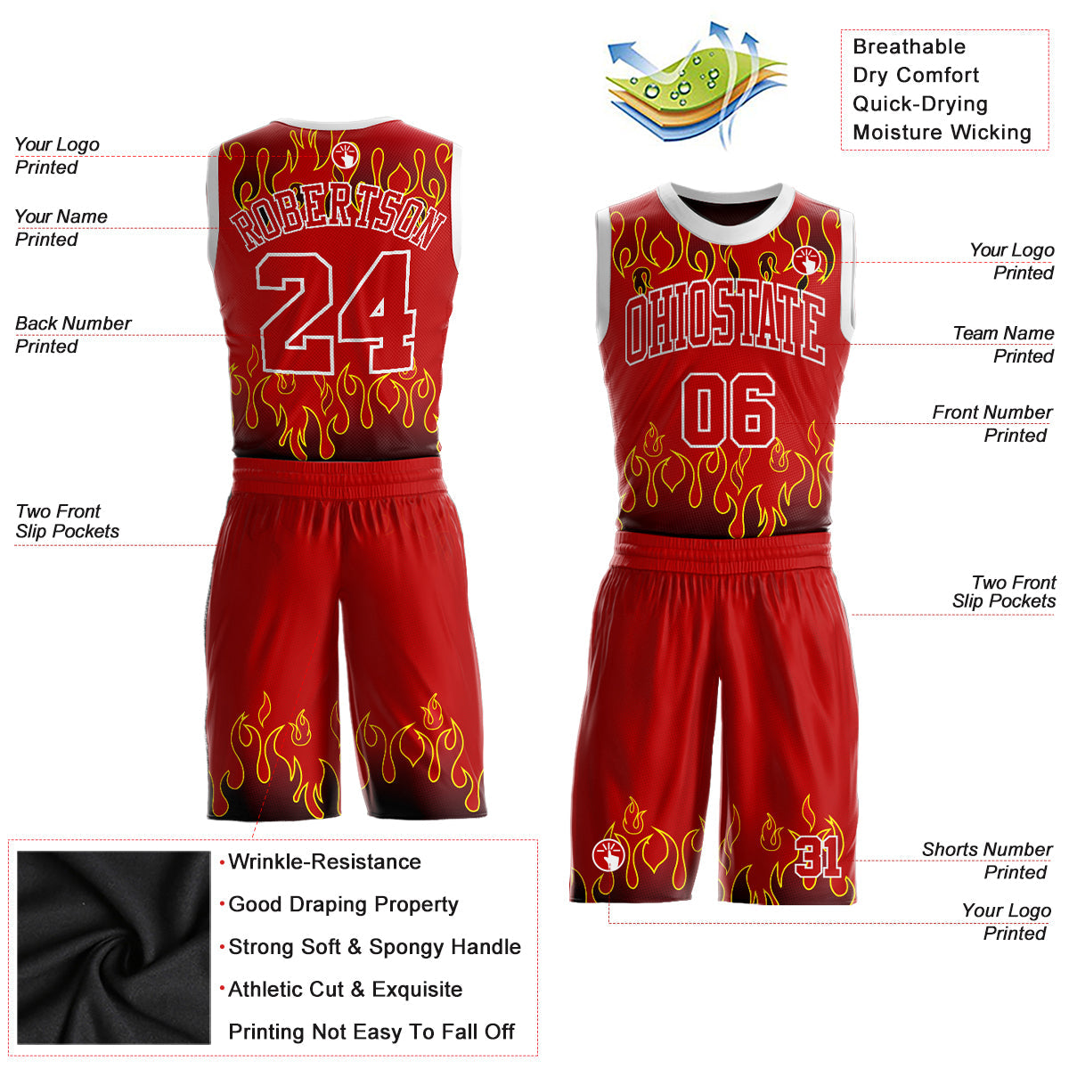 Custom Red Red-Black Flame Round Neck Sublimation Basketball Uniform Jersey