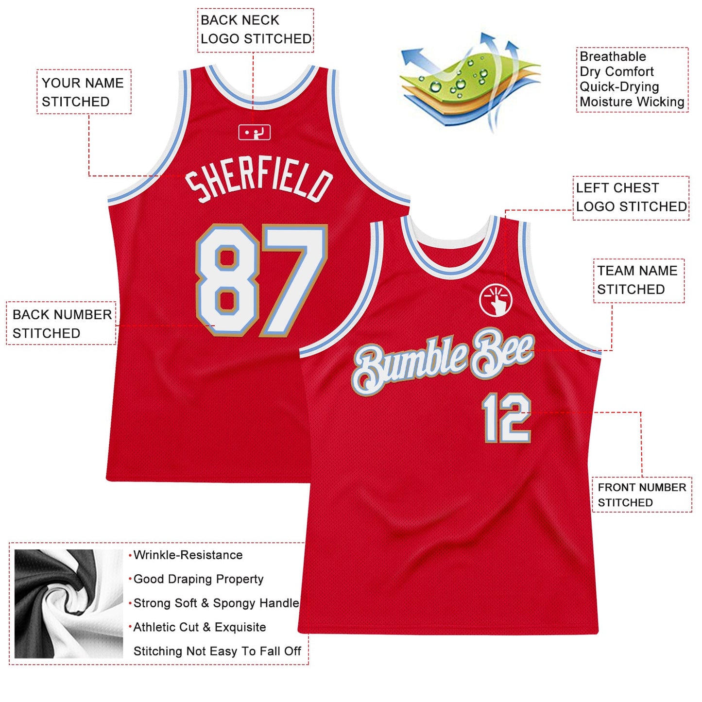 Custom Red Light Blue-Old Gold Authentic Throwback Basketball Jersey