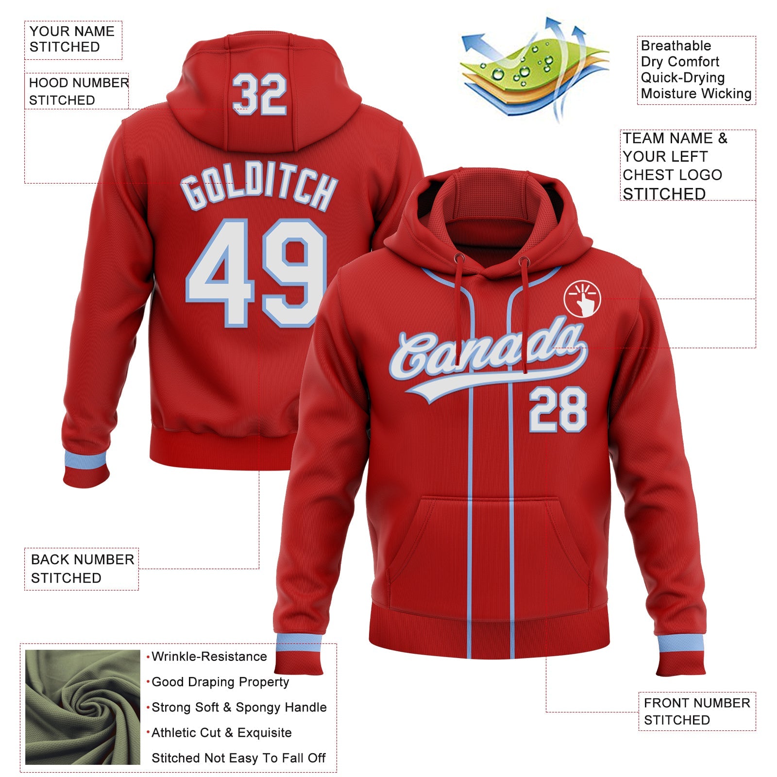Custom Stitched Red White-Light Blue Baseball Pullover Sweatshirt Hoodie