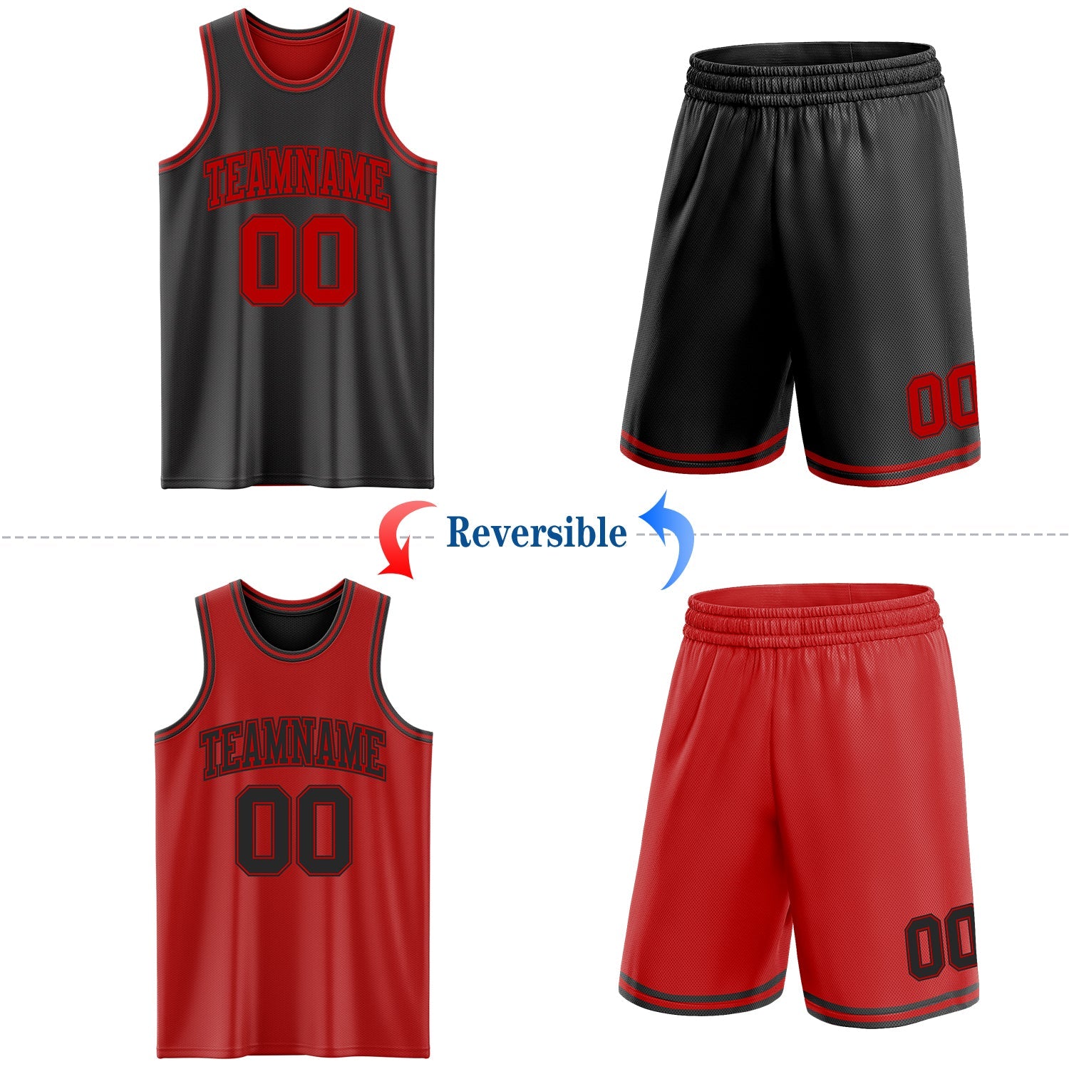 Custom Reversible Black Red Double Side Sublimation Basketball Set Jersey