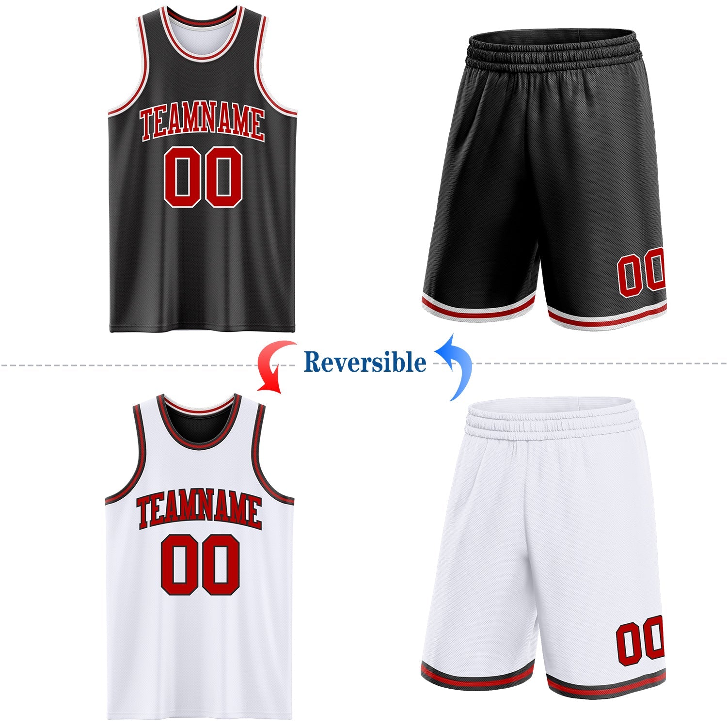 Custom Reversible Black Red-White Double Side Sublimation Basketball Set Jersey